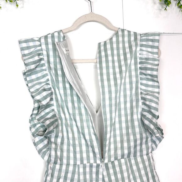Lovers + Friends Jill Romper Gingham Check Sage Green White Mini Small Playsuit - Picture 9 of 16